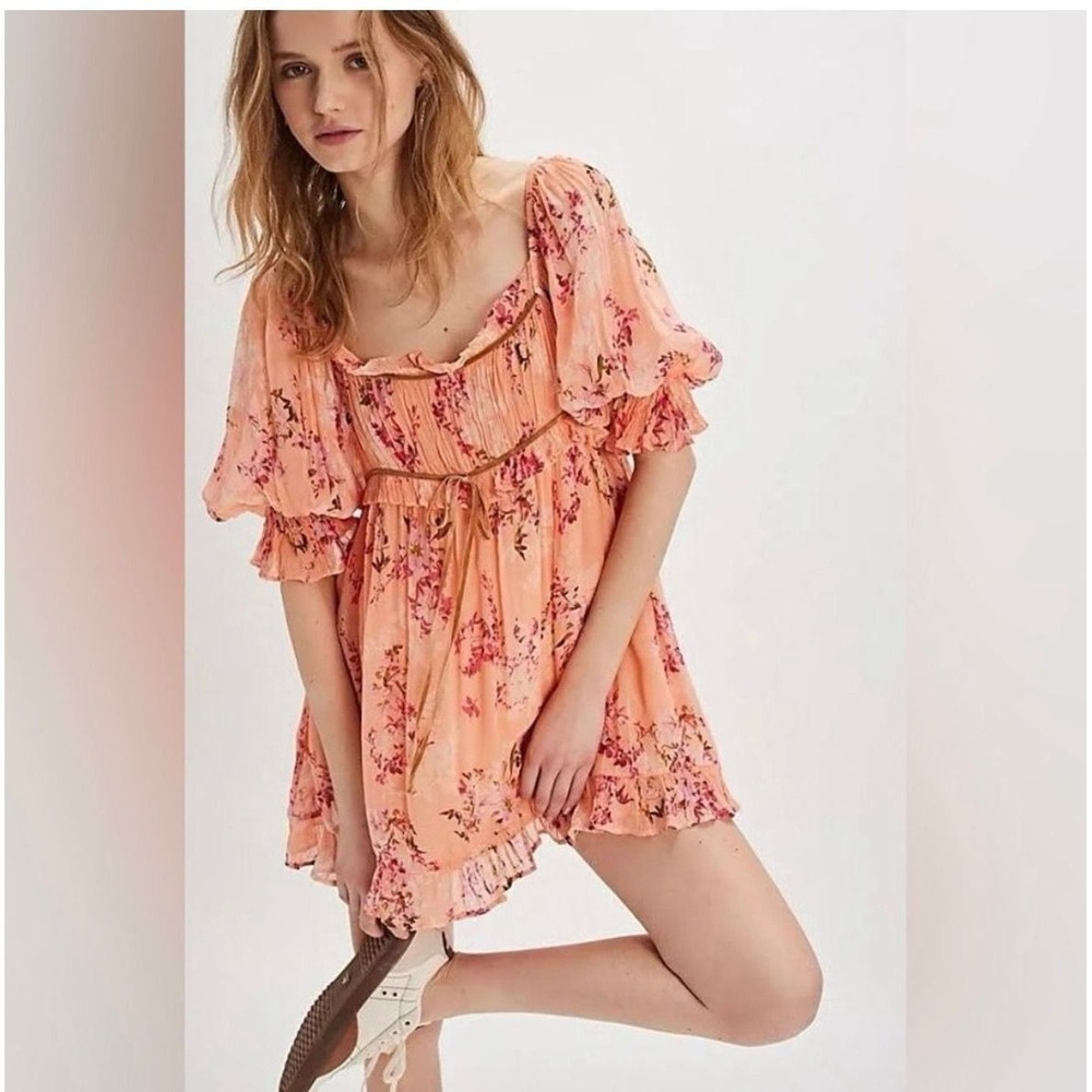 162 New NWT Free People Marney Mini Dress Peach Combo XS MSRP $148